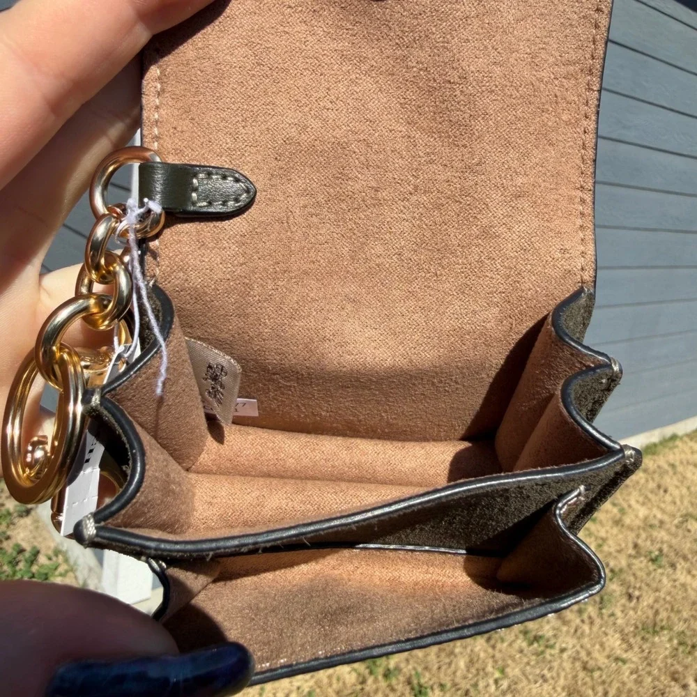 Coach Micro Bag Charm Card Holder Olive‎ Suede Signature Canvas Mob Wife Indie